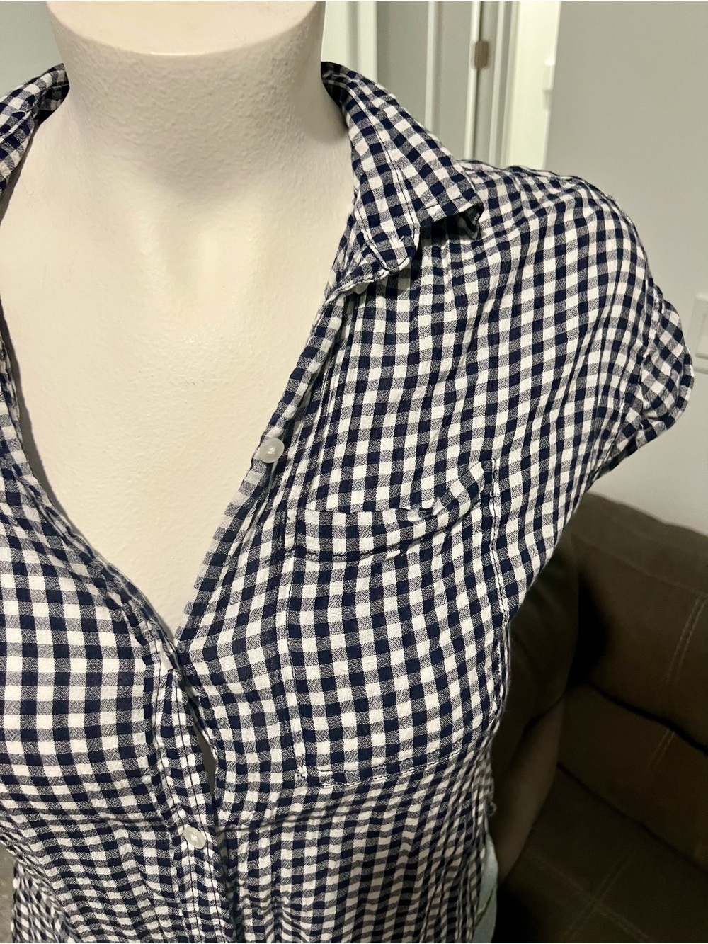American Eagle Outfitters Navy and White Gingham Button-Front Shirt